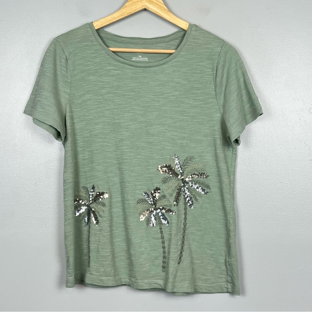 Talbots green 100% cotton sequin tropical palm tree t-shirt, medium petite.